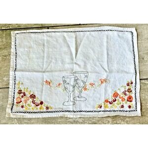 Vintage Handmade Cross Stitch Floral Wine‎ glass Dresser Scarf Napkin Cottage